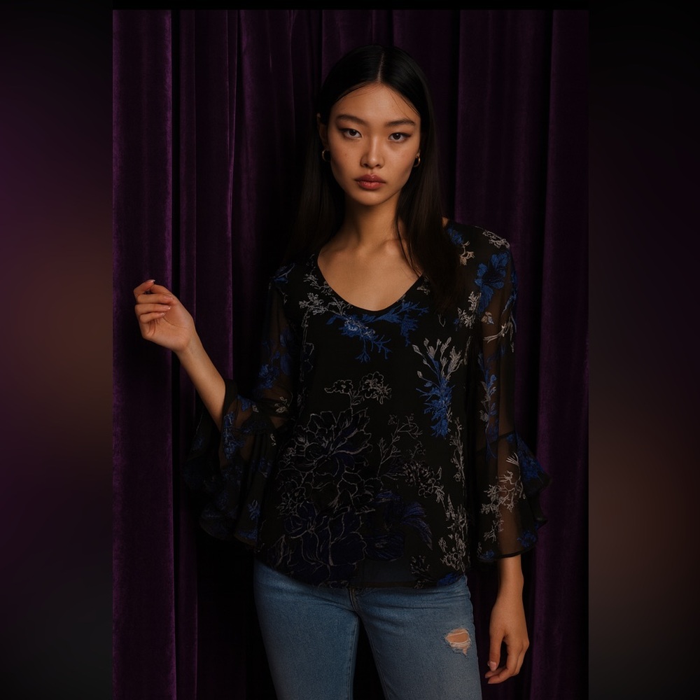 Karen Kane Velvet Burnout Ruffle-Sleeve Top Sheer Black Navy‎ Blue Size Small